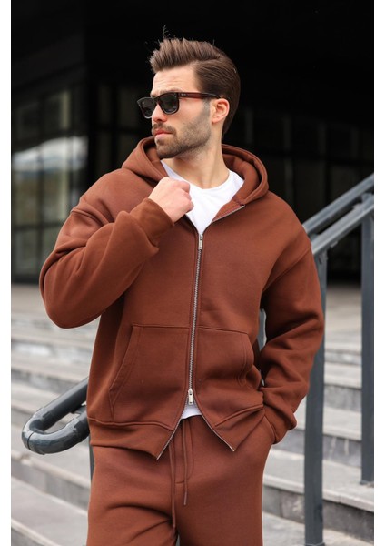 Acı Kahverengi Çift Fermuarlı Kapüşonlu Eşofman Takımı E7345 fiyatları