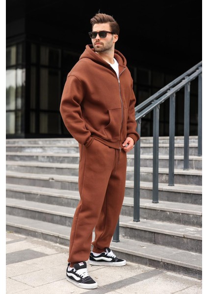 Acı Kahverengi Çift Fermuarlı Kapüşonlu Eşofman Takımı E7345 modelleri