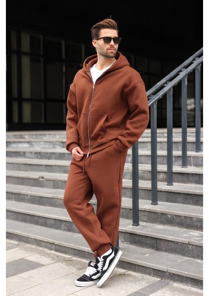 Acı Kahverengi Çift Fermuarlı Kapüşonlu Eşofman Takımı E7345 indirimleri