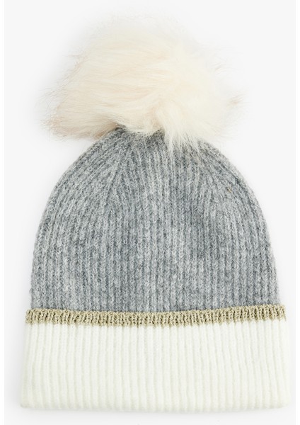 Pon Pon Detaylı Katlı Renk Bloklu Örgü Bere