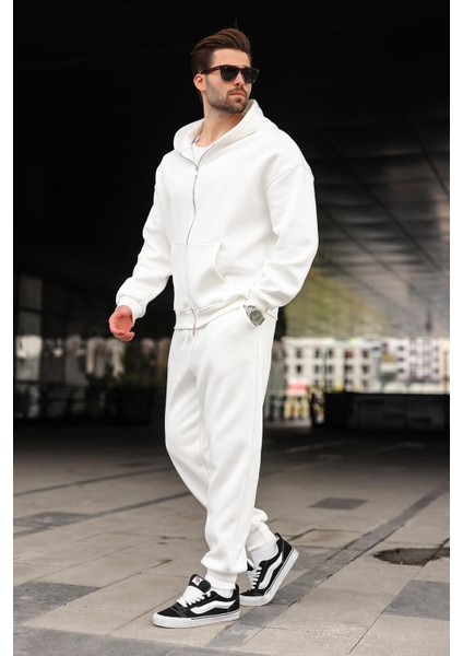 Ekru Çift Fermuarlı Kapüşonlu Eşofman Takımı E7345