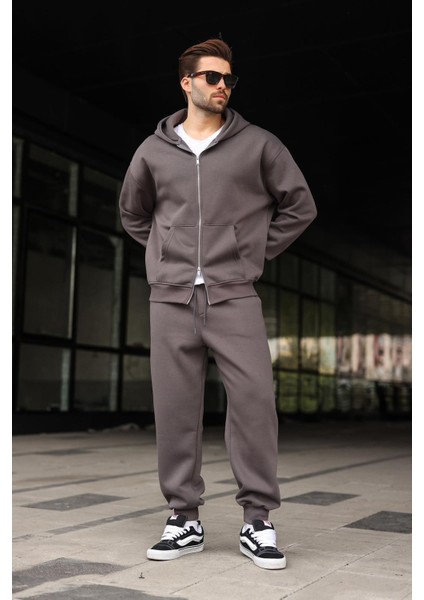 Füme Çift Fermuarlı Kapüşonlu Eşofman Takımı E7345