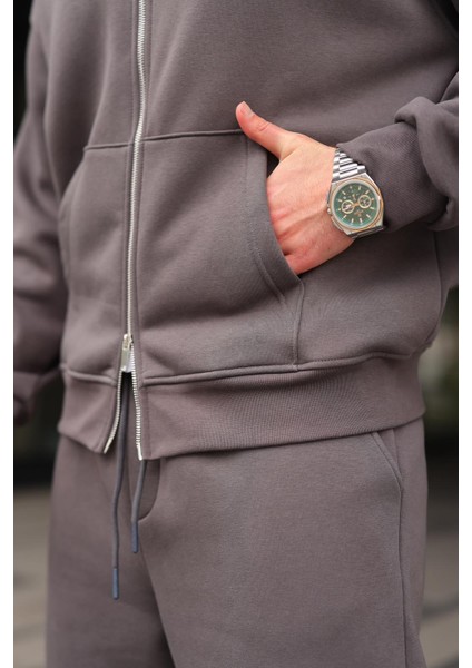 Füme Çift Fermuarlı Kapüşonlu Eşofman Takımı E7345 modelleri