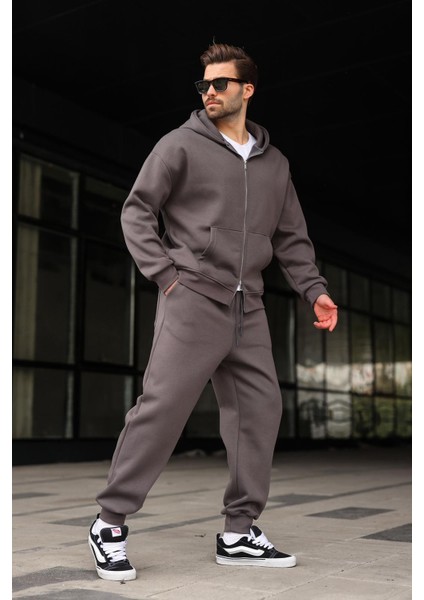Füme Çift Fermuarlı Kapüşonlu Eşofman Takımı E7345 fırsatları