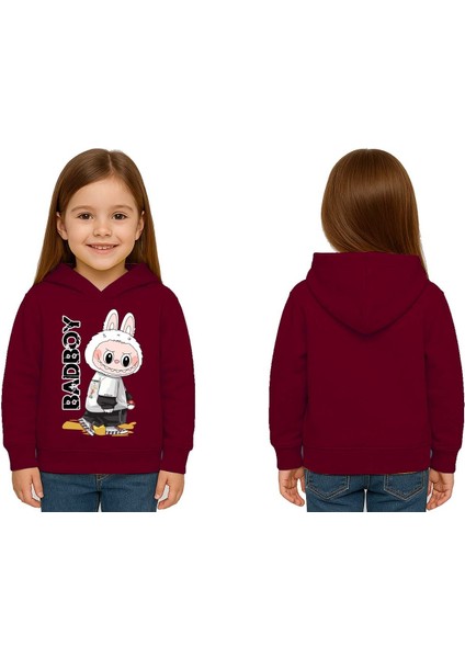 Unisex Baskılı Çocuk Swaetshirt Labubu Baskılı Kapüşonlu 3 Iplik Şardonlu