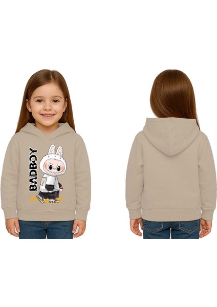 Unisex Baskılı Çocuk Swaetshirt Labubu Baskılı Kapüşonlu 3 Iplik Şardonlu