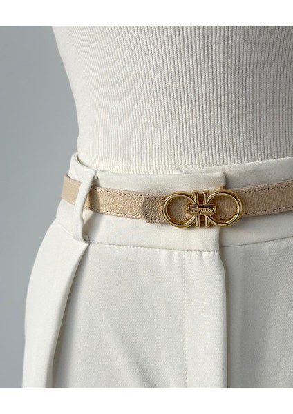 Kadın Bej Deri Kemer Gold Detaylı