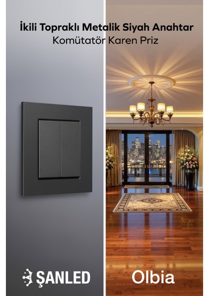 Ikili Topraklı Metalik Siyah Anahtar Komütatör Karen Priz 1 Adet