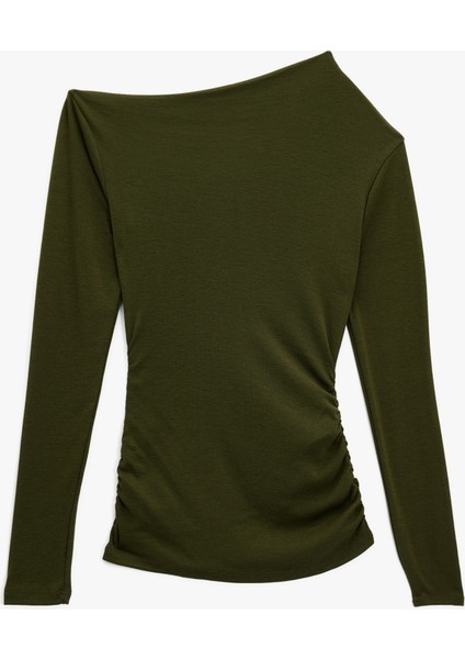 Slim Fit Drapeli Asimetrik Yaka Uzun Kollu Tişört