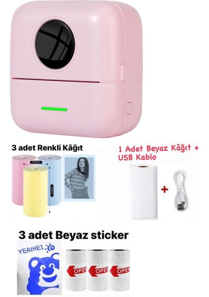 Mini Cep Yazıcı Pembe,3 Adet Beyaz Sticker, 3 Adet Renkli Kağıt, 1 Adet Beyaz Kağıt
