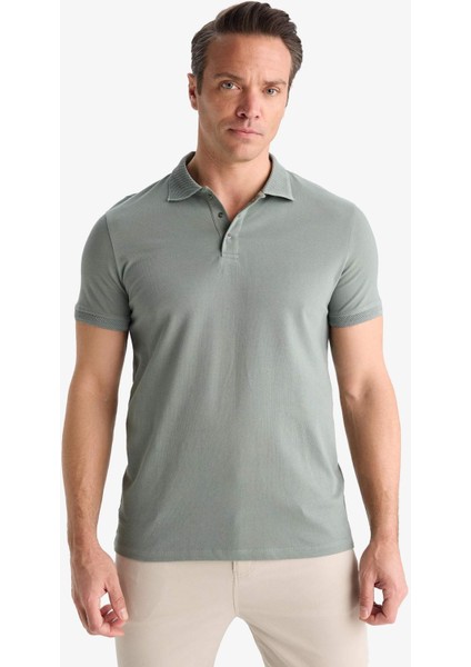 Slim Fit Dar Kesim Polo Yaka Kısa Kollu Dokulu Basic Düz Tişört