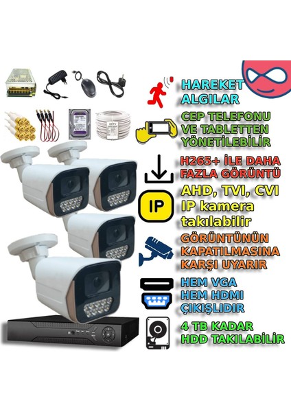 Beyxm2406set4 - 4 Kameralı Renkli Gece Görüşlü Akıllı Metal Güvenlik Seti