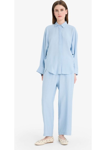 Relax Fit Basic Düz Keten Karışımlı Uzun Kollu Tesettür Gömlek Tunik D9702AX25SM