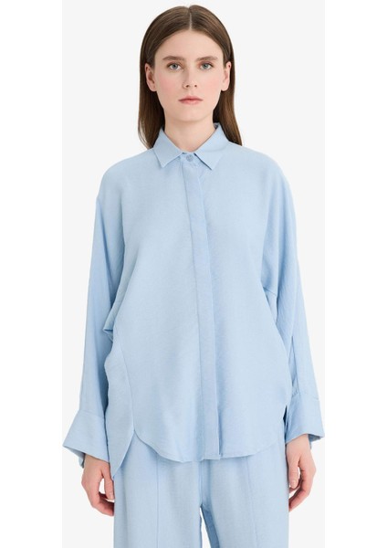 Relax Fit Basic Düz Keten Karışımlı Uzun Kollu Tesettür Gömlek Tunik D9702AX25SM