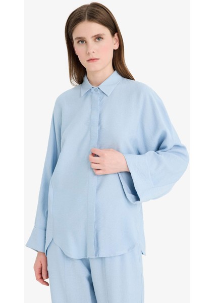 Relax Fit Basic Düz Keten Karışımlı Uzun Kollu Tesettür Gömlek Tunik D9702AX25SM