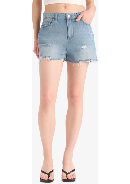 Yüksek Bel Yırtık Detaylı Jean Şort