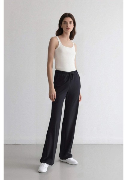 Wide Leg Geniş Paça Beli Lastikli Bağcıklı Basic Düz Palazzo Pantolon