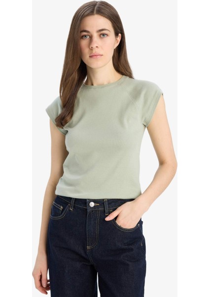 Slim Fit Dar Kesim Bisiklet Yaka Basic Düz Ribana Kısa Kollu Tişört C7334AX25SP