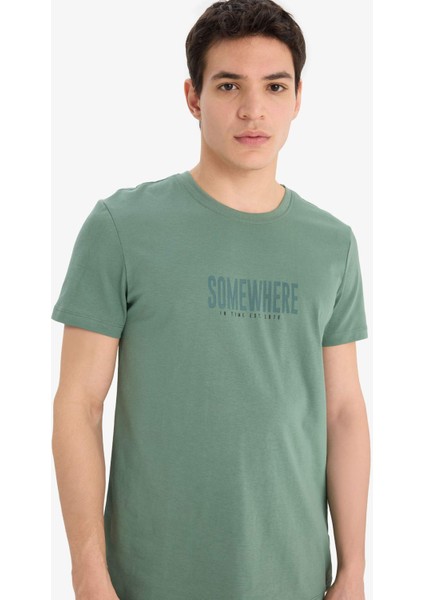 %100 Pamuk Slim Fit Dar Kesim Bisiklet Yaka Baskılı Kısa Kollu Tişört