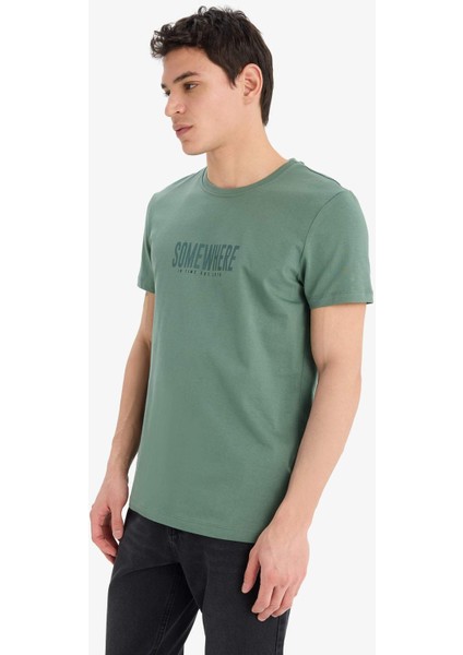 %100 Pamuk Slim Fit Dar Kesim Bisiklet Yaka Baskılı Kısa Kollu Tişört