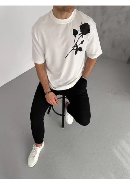 Unisex Bisiklet Yaka Baskılı Oversize T-Shirt - Beyaz fiyatları