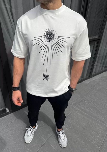 Unisex Bisiklet Yaka Baskılı Oversize T-Shirt - Beyaz