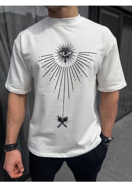 Unisex Bisiklet Yaka Baskılı Oversize T-Shirt - Beyaz fiyatları