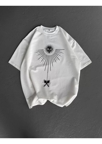 Unisex Bisiklet Yaka Baskılı Oversize T-Shirt - Beyaz modelleri