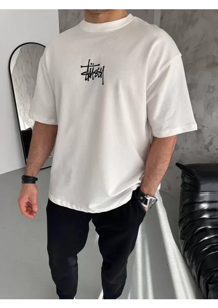 Unisex Bisiklet Yaka Baskılı Oversize T-Shirt - Beyaz