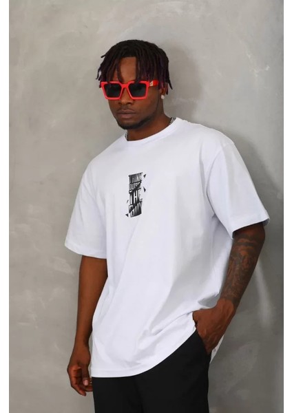 Unisex Oversize Baskılı Bisiklet Yaka T-Shirt - Beyaz fiyatları