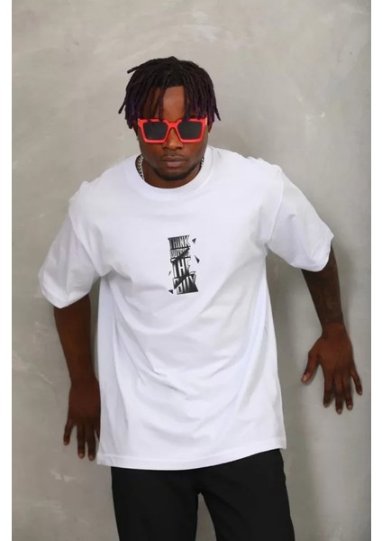 Unisex Oversize Baskılı Bisiklet Yaka T-Shirt - Beyaz modelleri