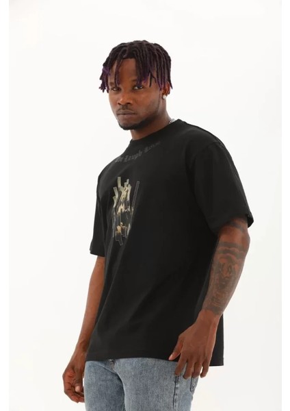 Unisex Oversize Baskılı Bisiklet Yaka T-Shirt - Siyah