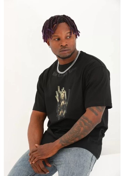 Unisex Oversize Baskılı Bisiklet Yaka T-Shirt - Siyah fiyatları