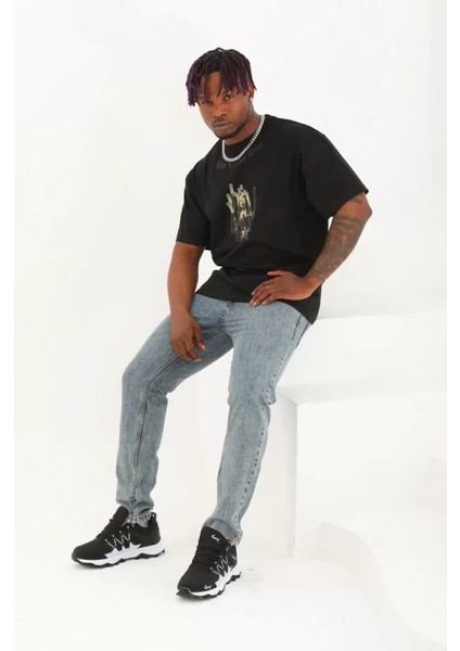 Unisex Oversize Baskılı Bisiklet Yaka T-Shirt - Siyah modelleri