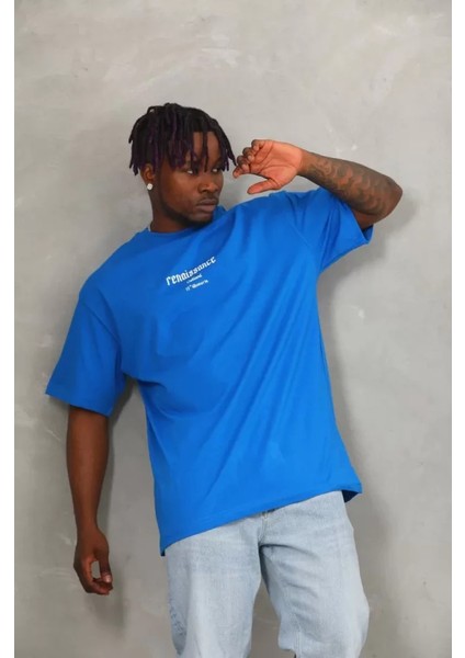 Unisex Oversize Baskılı Bisiklet Yaka T-Shirt - Mavi modelleri