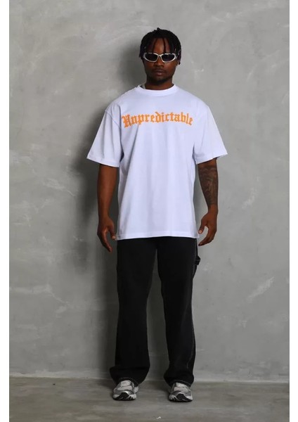 Unisex Oversize Baskılı Bisiklet Yaka T-Shirt - Beyaz modelleri