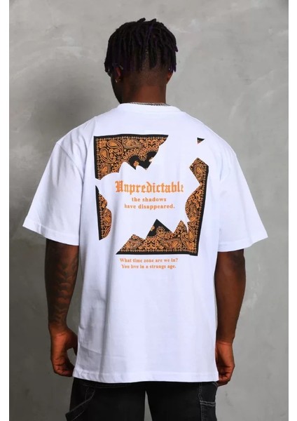 Unisex Oversize Baskılı Bisiklet Yaka T-Shirt - Beyaz fırsatları