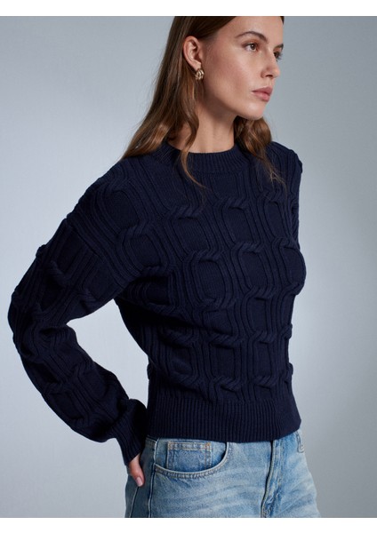 10825 Yün Karışımlı Kabartma Detaylı Triko Kazak-Laci Mel.