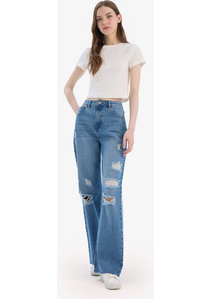 90's Wide Leg Yırtık Detaylı Yüksek Bel Geniş Paça Uzun Jean Yıkamalı Pantolon D9394AX25SM