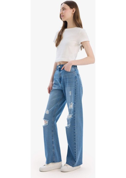 90's Wide Leg Yırtık Detaylı Yüksek Bel Geniş Paça Uzun Jean Yıkamalı Pantolon D9394AX25SM