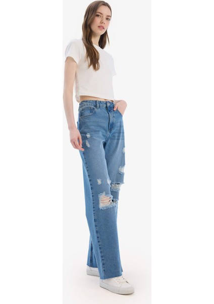 90's Wide Leg Yırtık Detaylı Yüksek Bel Geniş Paça Uzun Jean Yıkamalı Pantolon D9394AX25SM