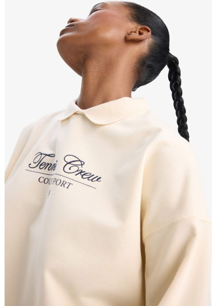 Fit Oversize Geniş Kalıp Polo Yaka Baskılı Sporcu Sweatshirt