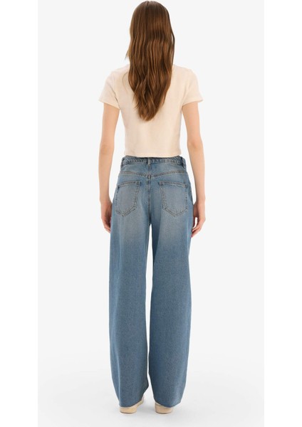 90's Wide Leg Yırtık Detaylı Yüksek Bel Geniş Paça Uzun Jean Yıkamalı Pantolon D9394AX25SM
