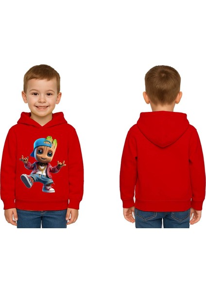 Unisex Groot Baskılı Çocuk Swaetshirt Kapüşonlu 3 Iplik Şardonlu