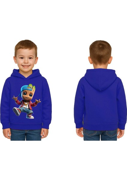 Unisex Groot Baskılı Çocuk Swaetshirt Kapüşonlu 3 Iplik Şardonlu