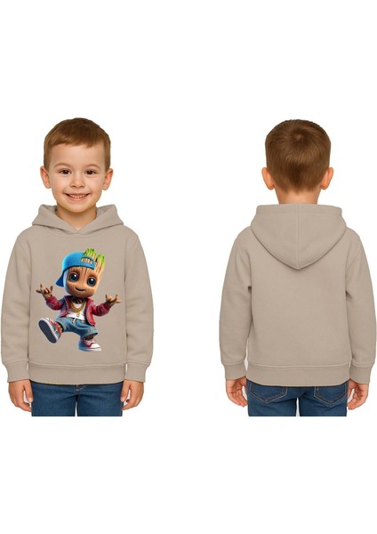 Unisex Groot Baskılı Çocuk Swaetshirt Kapüşonlu 3 Iplik Şardonlu