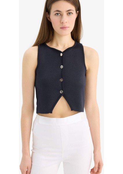 Regular Fit Bisiklet Yaka Düğmeli Siyah Triko Yelek