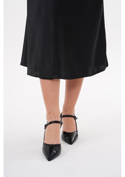 Kadın Siyah 8,5 cm Gümüş Topuklu Arkadan Bantlı Stiletto Topuklu Ayakkabı fiyatları