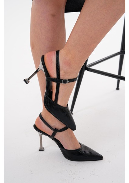 Kadın Siyah 8,5 cm Gümüş Topuklu Arkadan Bantlı Stiletto Topuklu Ayakkabı indirimleri