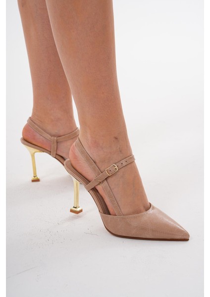 Kadın Vizon 8,5 cm Altın Topuklu Arkadan Bantlı Stiletto Topuklu Ayakkabı